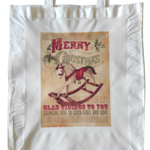 Χριστουγεννιάτικη λευκή υφασμάτινη tote bag με μακρύ χερούλι "Vintage αλογάκι"37χ41εκ. - ύφασμα, vintage, αξεσουάρ - 2