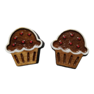"Smells like Xmas!" - Καρφωτά σκουλαρίκια cupcakes από ξύλο 1,3 εκ. ζωγραφισμένα στο χέρι, βάση ατσάλι - ξύλο, καρφωτά, κοσμήματα