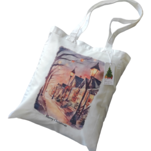Χριστουγεννιάτικη λευκή υφασμάτινη tote bag με μακρύ χερούλι "Christmas road"37χ41εκ. - ύφασμα, vintage, λευκά είδη