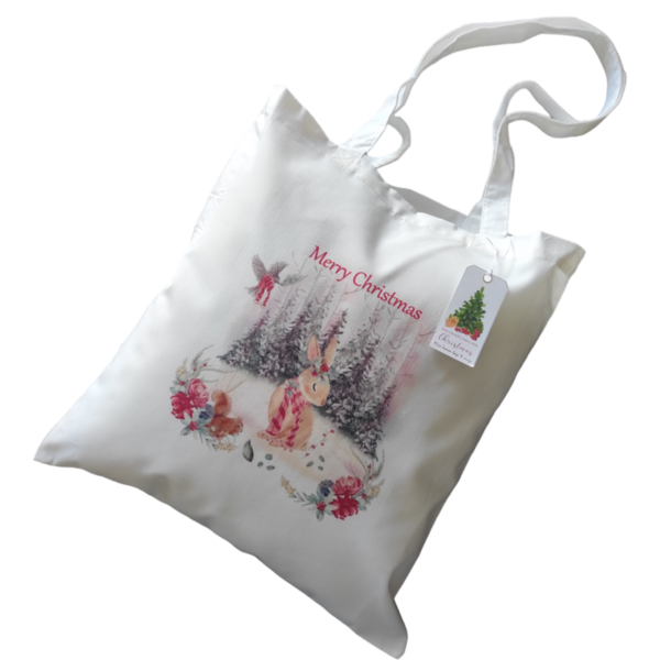 Χριστουγεννιάτικη λευκή υφασμάτινη tote bag με μακρύ χερούλι "Christmas bunny"37χ41εκ. - ύφασμα, vintage, λευκά είδη