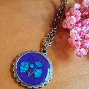 Μενταγιόν "blue flower wears purple" - κοντά, λουλούδι, μπρούντζος, φθηνά, μενταγιόν