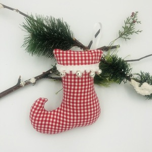 Χριστουγεννιάτικο υφασμάτινο στολίδι μπότα ξωτικού καρό με κουδουνάκια - ύφασμα, γιαγιά, δασκάλα, στολίδια - 3