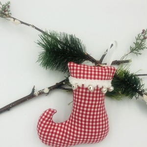 Χριστουγεννιάτικο υφασμάτινο στολίδι μπότα ξωτικού καρό με κουδουνάκια - ύφασμα, γιαγιά, δασκάλα, στολίδια - 4