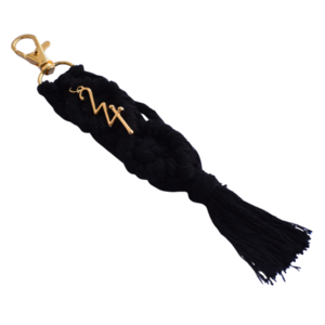 Γούρι μπρελόκ κλειδιών μακραμέ μαύρο με χρυσό μπρελόκ από βαμβακερό νήμα 18cm - νήμα, αξεσουάρ, πλεκτά μπρελόκ, γούρι 2024