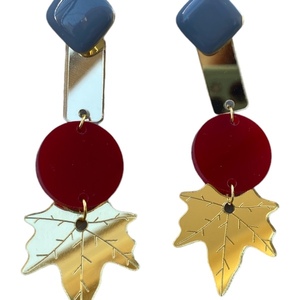 Γεωμετρικά σκουλαρίκια με χρυσά πλατανόφυλλα από plexiglass - καρφωτά, plexi glass, boho, μεγάλα, καρφάκι