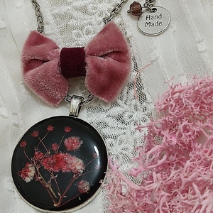 Μενταγιόν "blooming bow in pink" III - γυαλί, μακριά, λουλούδι, ατσάλι, μενταγιόν