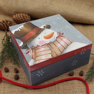 Χριστουγεννιάτικο ξύλινο κουτί (16 Χ 16 Χ 7 εκ.) - ξύλο, κουτί, χριστούγεννα, χιονάνθρωπος, χριστουγεννιάτικα δώρα - 3
