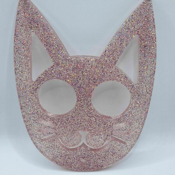 Μπρελόκ αυτοάμυνας γάτα από υγρό γυαλί σε ροζ χρώμα με γλίτερ - ρητίνη, γατούλα - 2