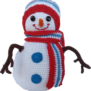 Πλεκτό κουκλάκι χιονάνθρωπος με πολύχρωμο σκουφάκι και κασκόλ, βαμβακερό 100% ύψος 30cm. - χριστουγεννιάτικα δώρα, 100% βαμβακερό