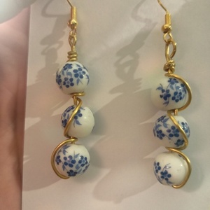 Porcelain earrings - ημιπολύτιμες πέτρες, μακριά, λουλούδι, νυφικά, γάντζος - 4