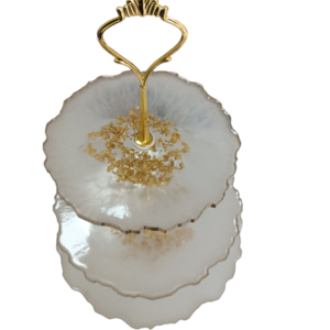 Χειροποίητη ορντεβιέρα τριών επιπέδων από υγρό γυαλί σε λευκό περλέ χρώμα, φύλλα χρυσού και χρυσές λεπτομέρειες - ρητίνη, διακοσμητικά - 3