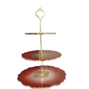 Χειροποίητη ορντεβιέρα τριών επιπέδων από υγρό γυαλί σε κόκκινο royal χρώμα, με φύλλα χρυσού και χρυσές λεπτομέρειες - ρητίνη, πιατάκια & δίσκοι