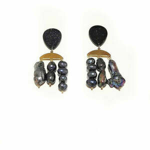 Σκουλαρίκια με μαύρα μαργαριτάρια - ημιπολύτιμες πέτρες, μαργαριτάρι, boho, μεγάλα, με κλιπ - 2