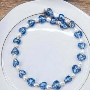 Κολιέ με μαργαριτάρια και μουράνο - γυαλί, μαργαριτάρι, καρδιά, candy, μπλε χάντρα - 2