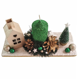 Χριστουγεννιάτικο επιτραπέζιο διακοσμητικό με κερί και βάση σαμπανί βελούδο 30×13,5×12,5cm - ύφασμα, χριστούγεννα, χριστουγεννιάτικα δώρα, πρωτοχρονιά, κεριά & κηροπήγια