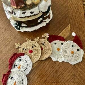 Σετ 2 χειροποίητα πλεκτά σουβέρ χιονάνθρωπος - νήμα, χιονάνθρωπος, χριστουγεννιάτικα δώρα, είδη κουζίνας - 2