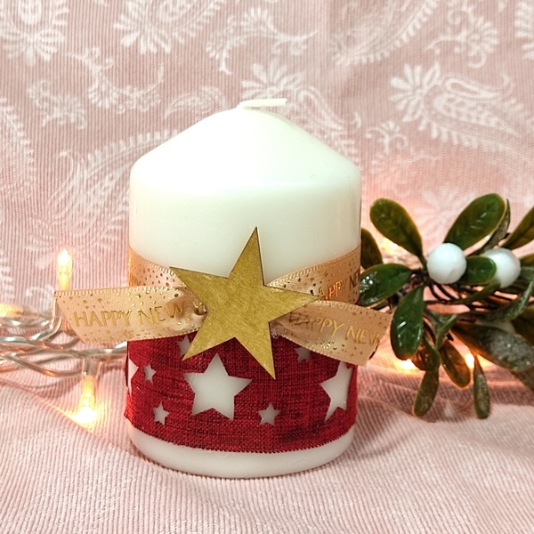 Κερί με Χριστουγεννιάτικη διακόσμηση αστέρια - ύφασμα, ξύλο, αστέρι, κερί, κεριά & κηροπήγια - 2