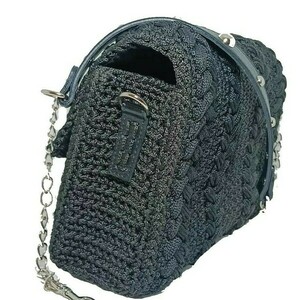 Πλεκτή μαύρη τσάντα σχέδιο puff zig zag με δερμάτινα στοιχεία - νήμα, ώμου, πλεκτές τσάντες, βραδινές, μικρές - 3