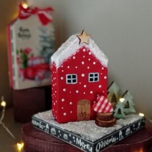 Ξύλινο χειροποίητο σπιτάκι κόκκινο merry Christmas 14*12*12εκ. - ξύλο, σπίτι, γιαγιά, διακοσμητικά, merry christmas