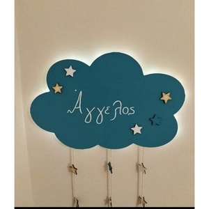 Ξύλινο επιτοίχιο φωτιστικό "Σύννεφο με αστεράκια και ονομα" με led φωτισμό 40cm - κορίτσι, αγόρι, προσωποποιημένα - 2