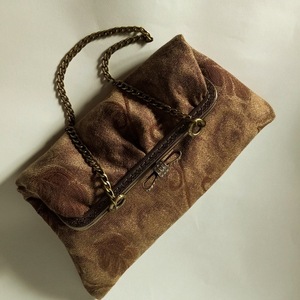 Γυναικεία χειροποίητη τσάντα ώμου ή χειρός clutch στυλ vintage με ύφασμα στόφα ζακάρ με ύφασμα σε αποχρώσεις του χρυσού και μπρονζέ πλαίσιο - ύφασμα, clutch, ώμου, χειρός, βραδινές - 3