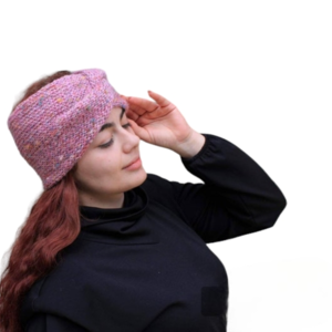 Χειροποίητη πλεκτή κορδέλα μαλλιών σε ροζ tweed χρωμα. - μαλλί, turban, headbands - 4