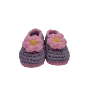 πλεκτά παπούτσια αγκαλιάς για κορίτσι, μπαλαρίνες με λουλούδι, γκρι ροζ - κορίτσι, customized, αγκαλιάς - 2
