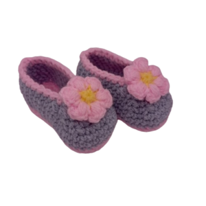 πλεκτά παπούτσια αγκαλιάς για κορίτσι, μπαλαρίνες με λουλούδι, γκρι ροζ - κορίτσι, customized, αγκαλιάς - 4