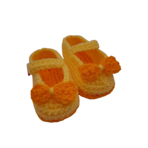 πλεκτά παπούτσια αγκαλιάς για κορίτσι, σχέδιο mary jane με φιόγκο, κίτρινο με πορτοκαλί - κορίτσι, customized, δώρα για βάπτιση, δώρο γέννησης, αγκαλιάς - 5