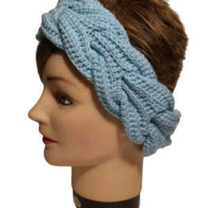 Headband / earwarmer κορδέλα ειδιαίτερη χειροποίητη πλεκτή με βελονάκι σε χρώμα baby blue - μαλλί, νήμα, σκουφάκια, headbands