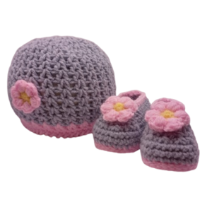 ΣΕΤ ΔΩΡΟΥ για νεογέννητο κορίτσι, 3 τμχ, σκουφάκι και παπούτσια αγκαλιάς μπαλαρίνες με λουλούδι, γκρι-ροζ - κορίτσι, λουλούδια, customized, 0-3 μηνών, προσωποποιημένα - 4