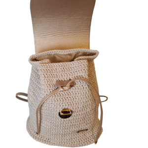 Handmade πλεκτό backpack golden beige - νήμα, πλάτης, δερματίνη, πλεκτές τσάντες - 4
