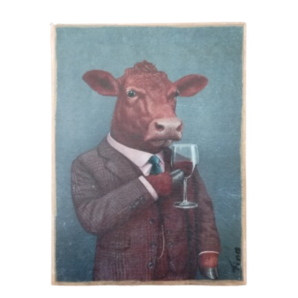 Αγελάδα με κοστούμι , ξύλινο κανδρο διάστασης 20Χ27 εκατ. - πίνακες & κάδρα, πίνακες ζωγραφικής - 2