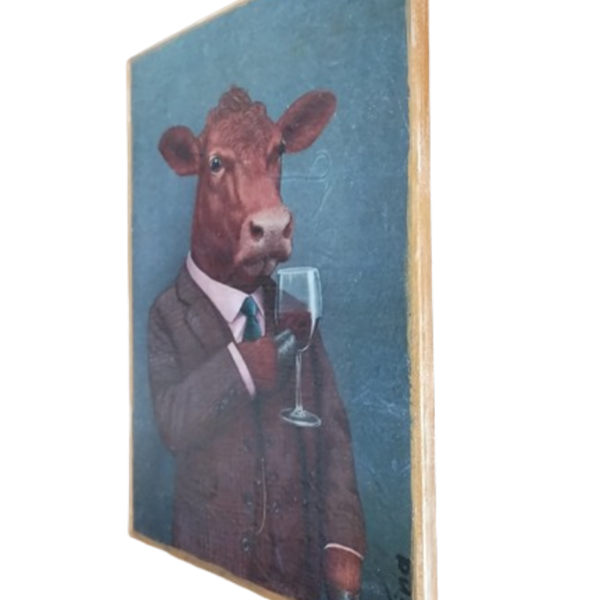 Αγελάδα με κοστούμι , ξύλινο κανδρο διάστασης 20Χ27 εκατ. - πίνακες & κάδρα, πίνακες ζωγραφικής - 3