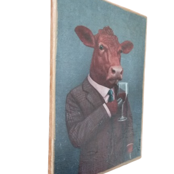 Αγελάδα με κοστούμι , ξύλινο κανδρο διάστασης 20Χ27 εκατ. - πίνακες & κάδρα, πίνακες ζωγραφικής - 4