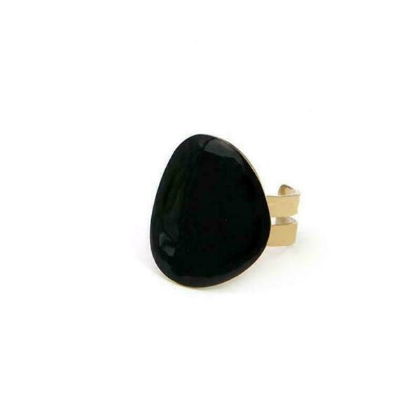 Ρυθμιζόμενο ατσάλινο δαχτυλίδι με μαύρο σμάλτο - επιχρυσωμένα, ατσάλι, boho, αυξομειούμενα