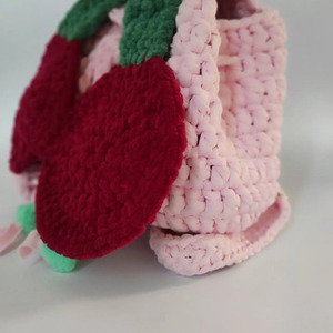 Πλεκτή παιδική τσάντα πλάτης κερασάκι ροζ απαλό 23*20εκ - κορίτσι, βαμβακερό νήμα, τσαντάκια - 3