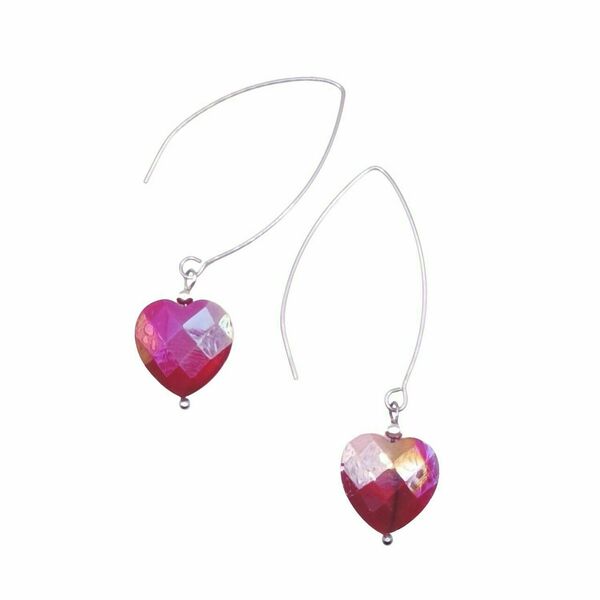 Σκουλαρίκια ατσάλινα με κρυστάλλινη καρδιά-6,5εκ - μέταλλο, ατσάλι, κοσμήματα, μεγάλα, γάντζος