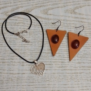 Σετ δώρου, cord necklace καρδιά και δερμάτινα σκουλαρίκια σε σχήμα τριγώνου. - δέρμα, καρδιά, minimal, boho, σετ δώρου - 2