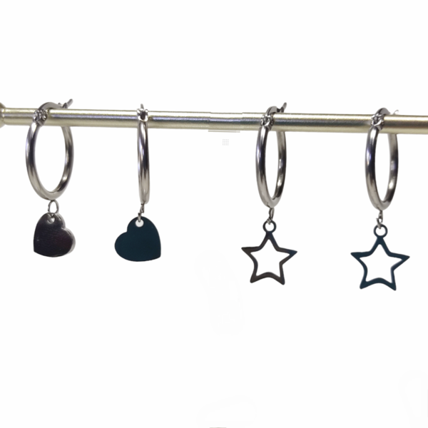 Ατσάλινα σκουλαρίκια κρίκοι με αστέρια - επάργυρα, μικρά, ατσάλι, φθηνά - 5
