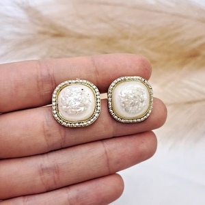 Vintage geometric earrings Σκουλαρίκια ρετρό τετράγωνα σε άσπρο και χρυσό - ορείχαλκος, ασήμι 925, boho, πέρλες, νυφικά - 3