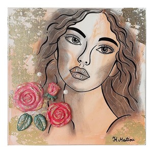 3D Πίνακας ζωγραφικής Κοπέλα με τριαντάφυλλα 30x30cm - πίνακες & κάδρα, πίνακες ζωγραφικής