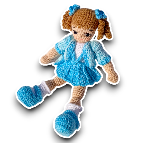 Πλεκτή κούκλα Κατερίνα 31εκ με γαλάζια ρούχα, χειροποίητη, σε κουτί δώρο, για κορίτσι - κορίτσι, δώρο, λούτρινα, παιχνίδια, amigurumi - 4