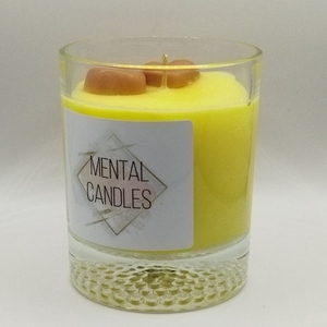 Χειροποίητο αρωματικό κερί κίτρινο 320γρμ σε γυάλινο vintage ποτήρι 10εκχ 8εκ με άρωμα βανίλια και καφέ καρδούλες - γυαλί, κερί - 4