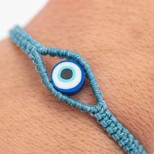 Γυναικείο βραχιόλι μακραμέ ματάκι μπλε παστέλ από κορδόνι - Womens macrame bracelet Evil Eye pastel blue made from thread - νήμα, μαμά, boho, χεριού, αυξομειούμενα - 2