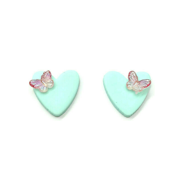 Mint butterflies in spring - Σκουλαρίκια καρδιές με μίνι πεταλούδες - καρδιά, πηλός, ατσάλι, αγ. βαλεντίνου - 2