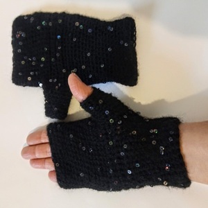 Γυναικεία χειροποίητα μαύρα γάντια με παγιέτες χωρίς δάκτυλα πλεγμένα με βελονάκι - πολυεστέρας, ακρυλικό, χειροποίητα - 5