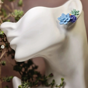 Χειροποίητο ear climber με παχύφυτα | ασήμι 925 πολυμερικός πηλός λουλούδια floral ανοιξιάτικο μοναδικό πράσινο γαλάζιο πορτοκαλί μοβ - ασήμι 925, λουλούδι, boho, μεγάλα, πολυμερικό πηλό - 3