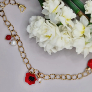 Χειροποίητο βραχιόλι αλυσίδα με παπαρούνα, μαργαριτάρι και ημιπολίτιμες πέτρες | ατσάλι πολυμερικός πηλός λουλούδια floral ανοιξιάτικο μοναδικό επιχρυσωμένο κόκκινο μαύρο - ημιπολύτιμες πέτρες, λουλούδι, ατσάλι, χεριού - 2