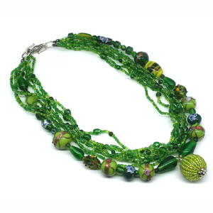 Κολιέ GREEN BEADS - γυαλί, ασήμι 925, επάργυρα, χάντρες, seed beads